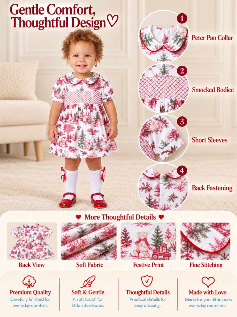 Baby Girl Short Sleeve Smocked Dress - Christmas Print Collection - LIMITED EDITION