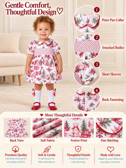 Baby Girl Short Sleeve Smocked Dress - Christmas Print Collection - LIMITED EDITION