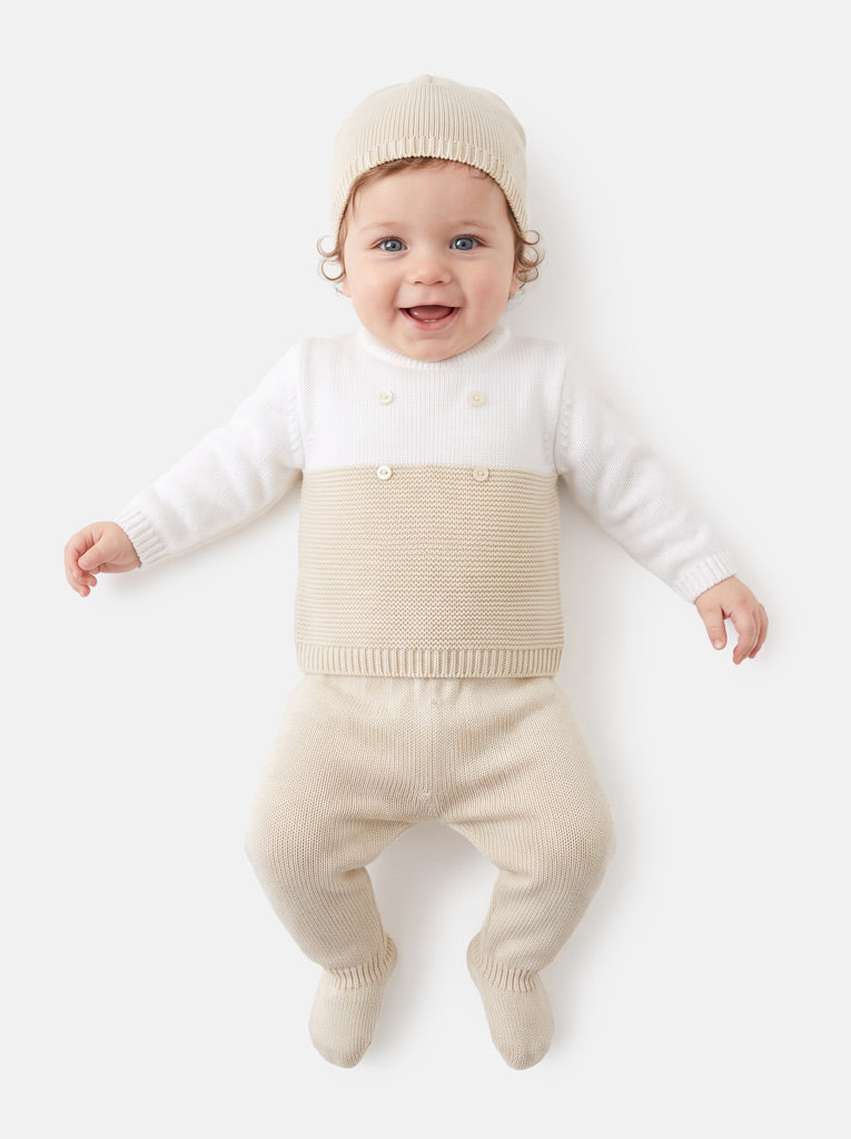 Baby Boy Round Neck Two-Tone Knitted 3-piece Gift Box Set - Beige & White