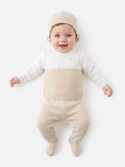 Baby Boy Round Neck Two-Tone Knitted 3-piece Gift Box Set - Beige & White