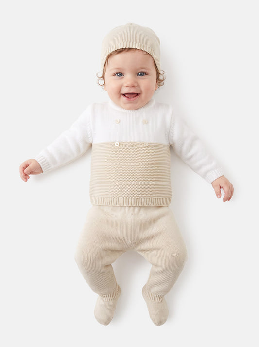 Baby Boy Round Neck Two-Tone Knitted 3-piece Gift Box Set - Beige & White