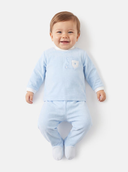 Baby Boy Elio Collection 2-Piece Velour Pyjama Set with Teddy Embroidery - Baby Blue