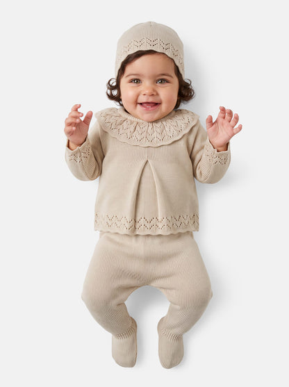 Baby Girl Fine Knit Pleated Front 3-Piece Gift Box Set - Beige