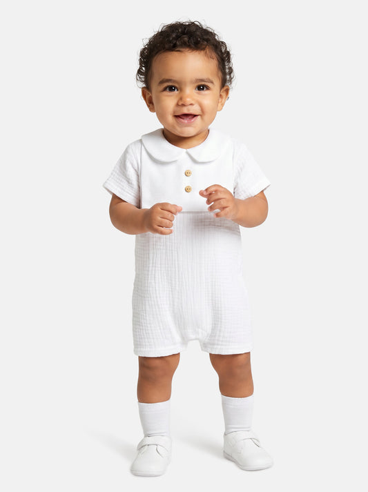 Baby Boy One-Piece Summer Pyjama with Buttons - Ivory