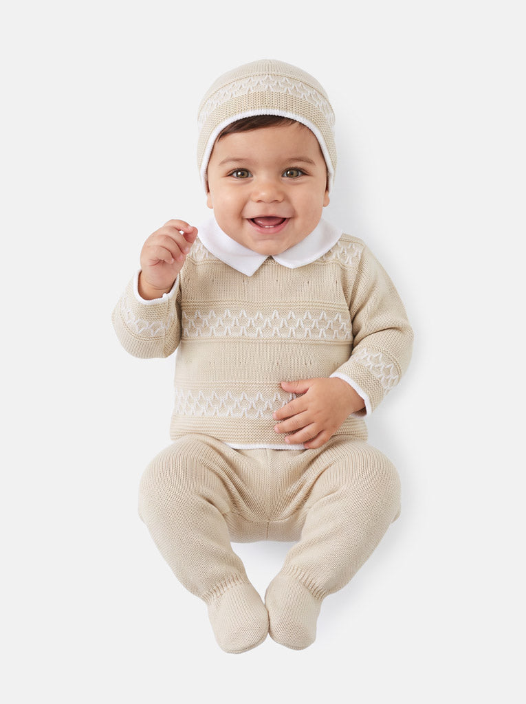 Baby Boy Contrast Smart Collar 3-Piece Knitted Gift Box Set - Beige