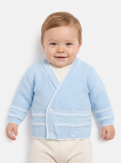 Baby Knitted Cardigan with Diamond Pattern Detail & Gift Box - Baby Blue