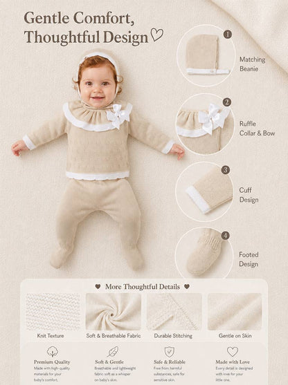 Baby Girl Knitted Ruffle & Contrast Trim 3-Piece Gift Box Set - Beige