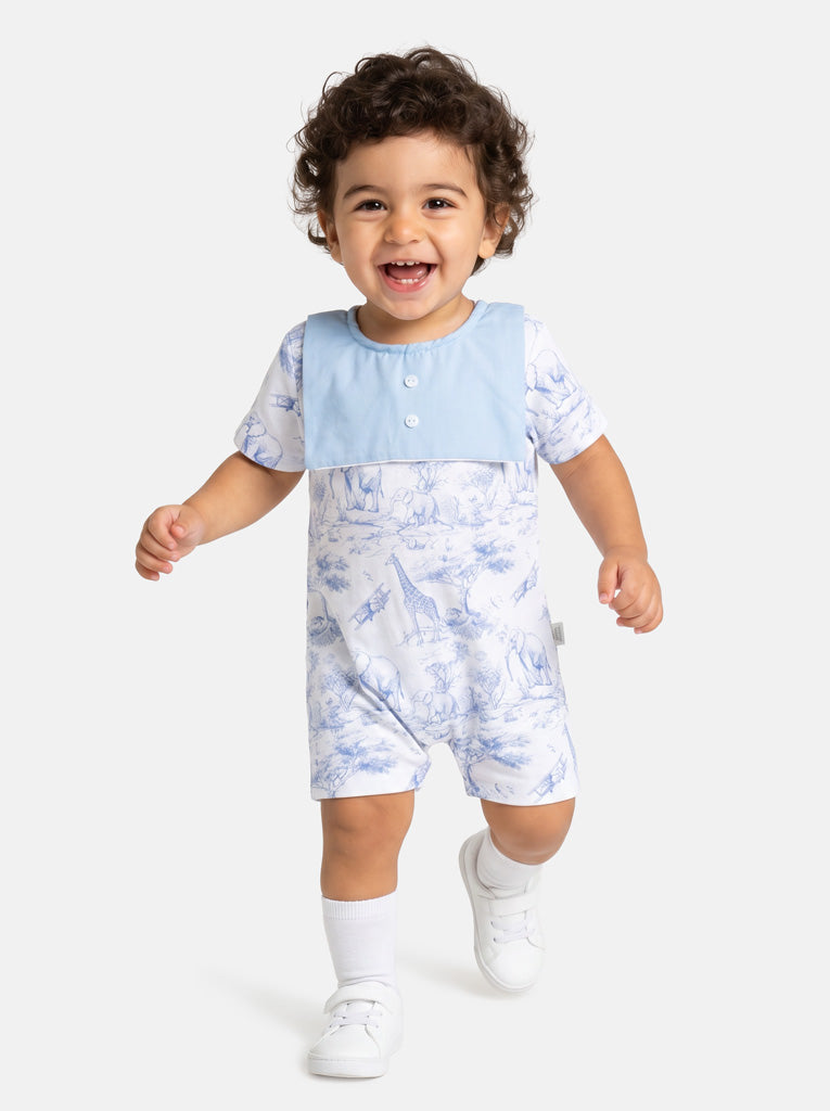 Baby Summer Pyjama with Attached Bib - Safari Collection - Baby Blue