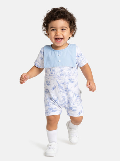Baby Summer Pyjama with Attached Bib - Safari Collection - Baby Blue