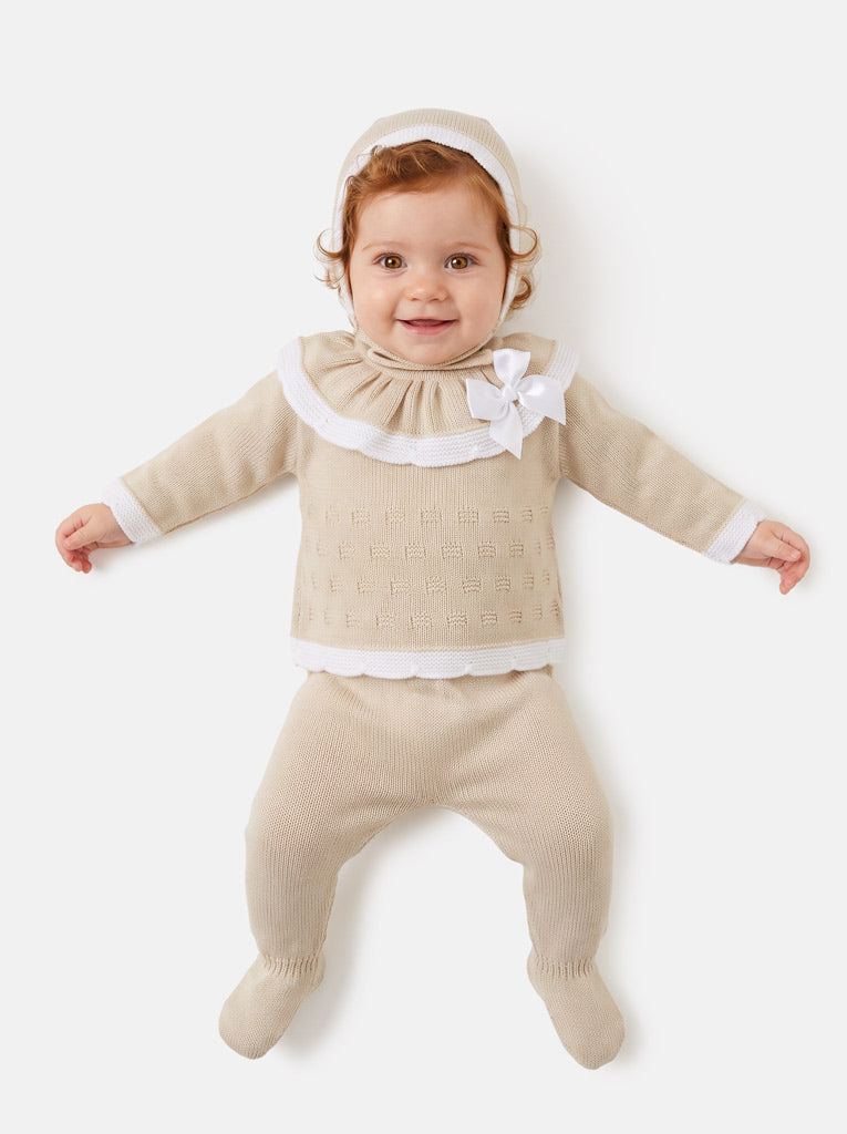 Baby Girl Knitted Ruffle & Contrast Trim 3-Piece Gift Box Set - Beige