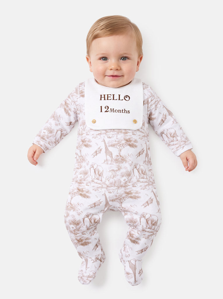 "Hello 1,3,6,12 Months" Embroidered Baby Grow with Attached Small Bib - Safari Collection - Beige