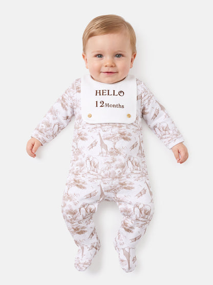 "Hello 1,3,6,12 Months" Embroidered Baby Grow with Attached Small Bib - Safari Collection - Beige