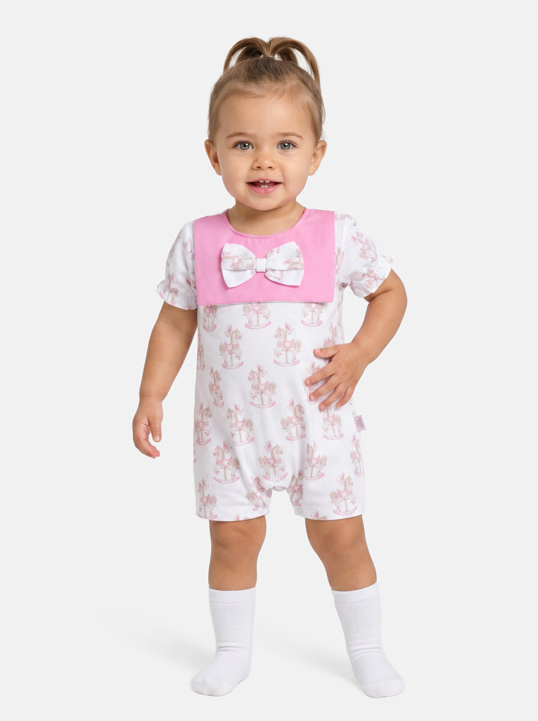 Baby Summer Pyjama with Attached Bib - Rocking Horse Collection - Pink