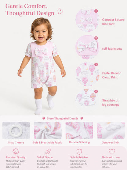 Baby Girl Summer Pyjama with Puffed Sleeves - Hot Air Balloon Collection - Baby Pink