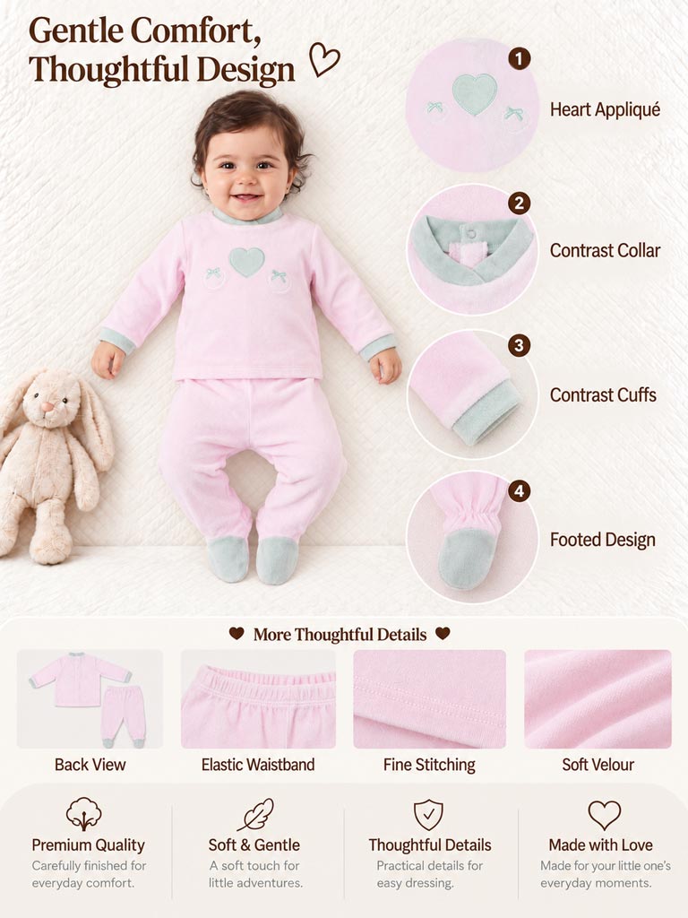 Baby Girl Flavia Collection 2-Piece Velour Pyjama Set with Heart Design - Baby Pink