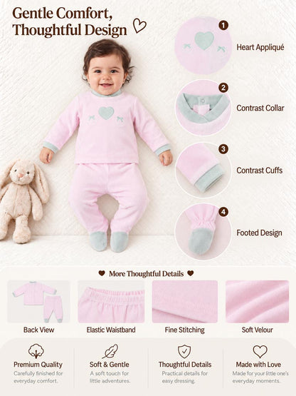 Baby Girl Flavia Collection 2-Piece Velour Pyjama Set with Heart Design - Baby Pink