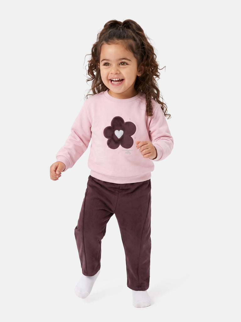 Baby Girl Allegra Collection 2-Piece Tracksuit Set with Flower Design - Chocolate Brown