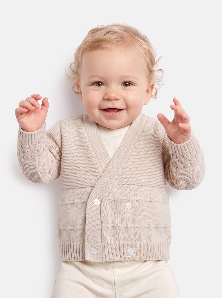 Baby Knitted Cardigan with Raised Stitch Detail & Gift Box - Beige
