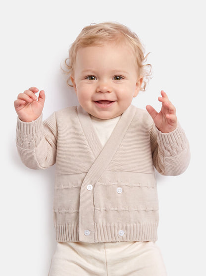 Baby Knitted Cardigan with Raised Stitch Detail & Gift Box - Beige
