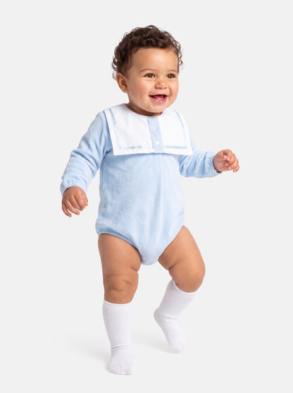 Baby Boy Valentin Collection Velour Romper with Sailor Collar - Baby Blue