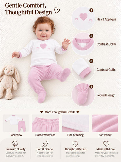 Baby Girl Flavia Collection 2-Piece Velour Pyjama Set with Heart Design - Dusty Pink