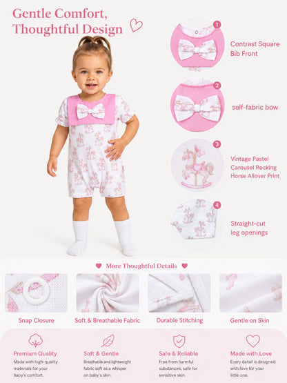 Baby Summer Pyjama with Attached Bib - Rocking Horse Collection - Pink