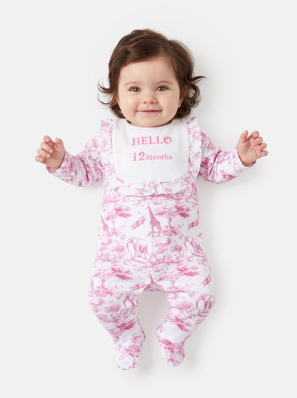 "Hello 1,3,6,12 Months" Embroidered Baby Grow with Frilled Bib - Safari Collection - Baby Pink