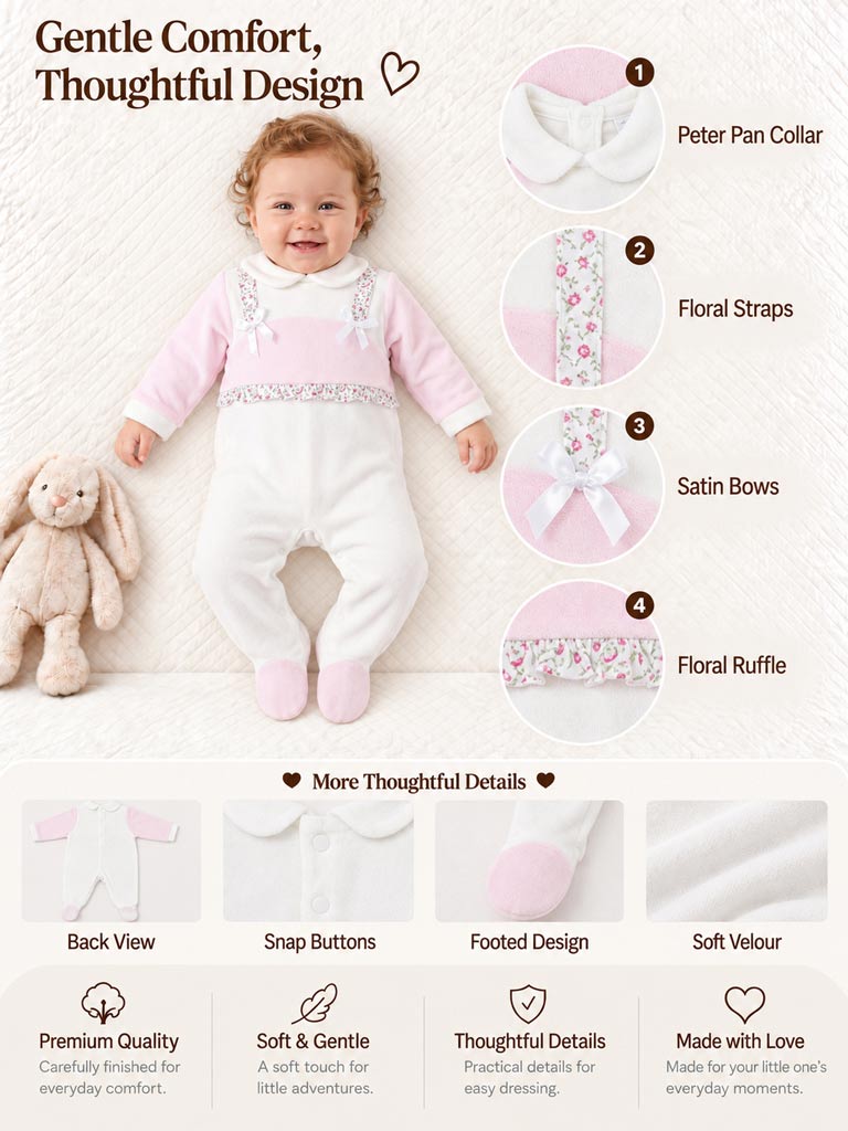 Velour Baby Grow for Girls with Floral Trims Nicoletta Collection - Ivory