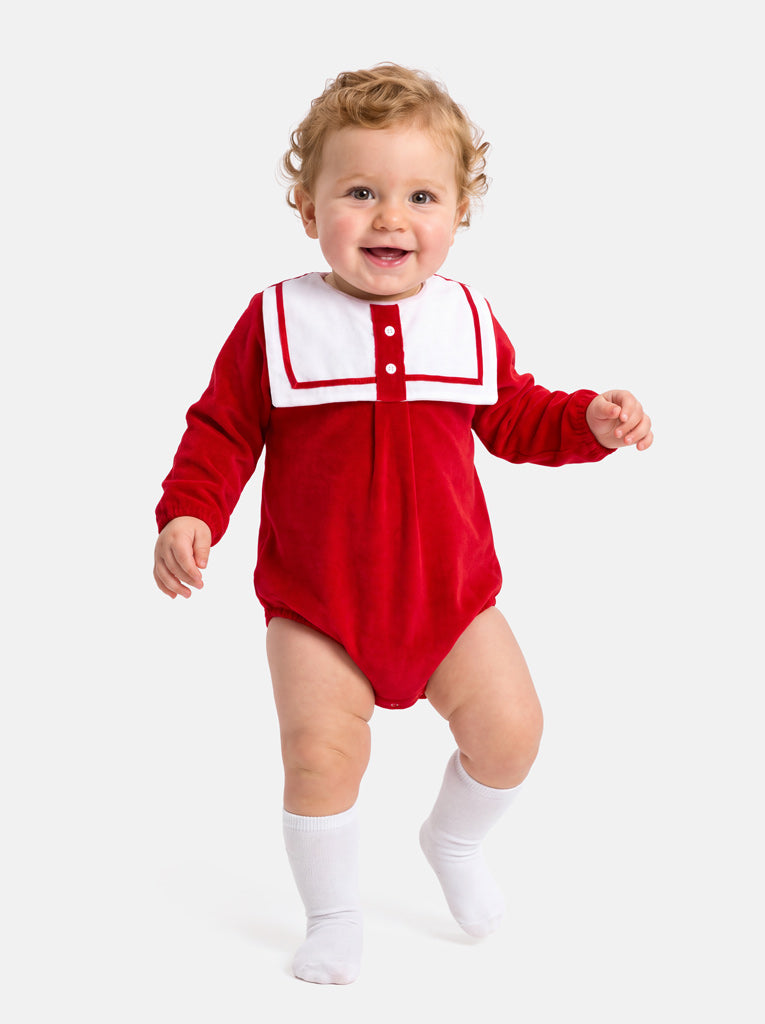 Baby Boy Valentin Collection Velour Romper with Sailor Collar - Red