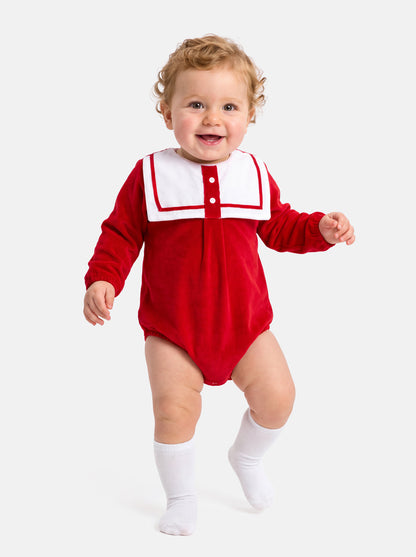 Baby Boy Valentin Collection Velour Romper with Sailor Collar - Red