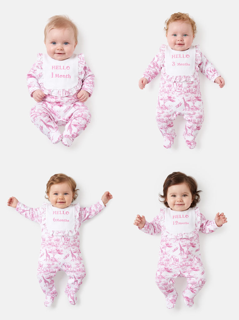 "Hello 1,3,6,12 Months" Embroidered Baby Grow with Frilled Bib - Safari Collection - Baby Pink