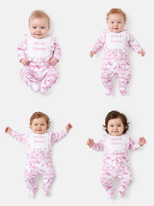 "Hello 1,3,6,12 Months" Embroidered Baby Grow with Frilled Bib - Safari Collection - Baby Pink