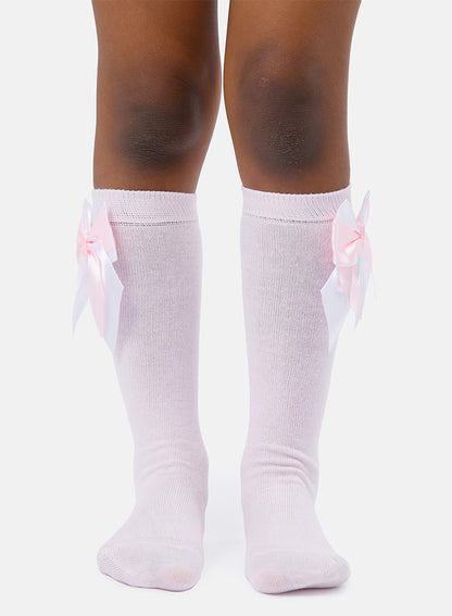 Baby Girl Knee Socks with Satin Double Bow - Baby Pink & White
