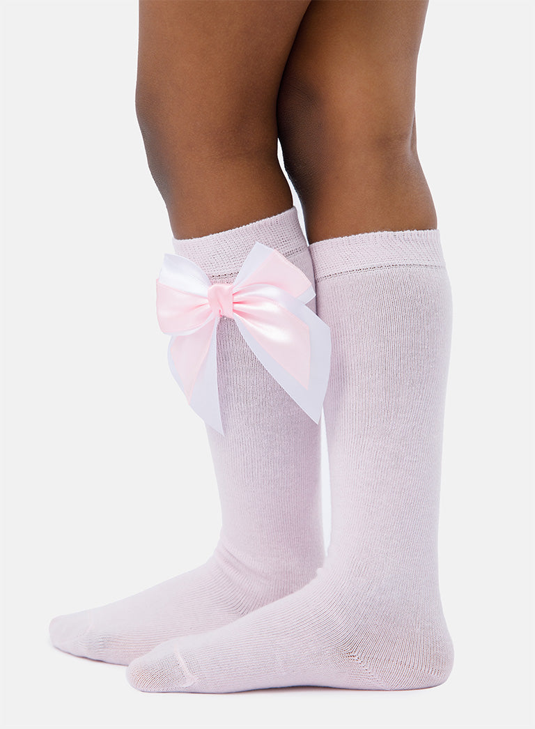 Baby Girl Knee Socks with Satin Double Bow - Baby Pink & White