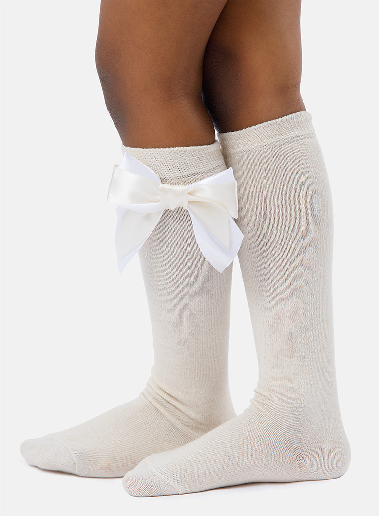 Baby Girl Knee Socks with Satin Double Bow - Cream & White