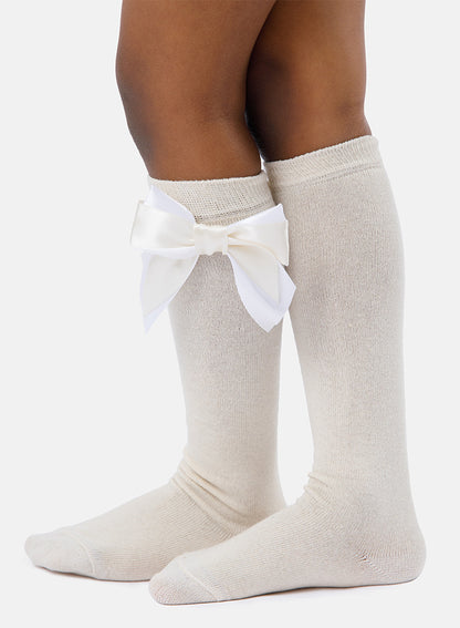 Baby Girl Knee Socks with Satin Double Bow - Cream & White