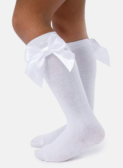 Baby Girl Knee Socks with Satin Double Bow - White & White