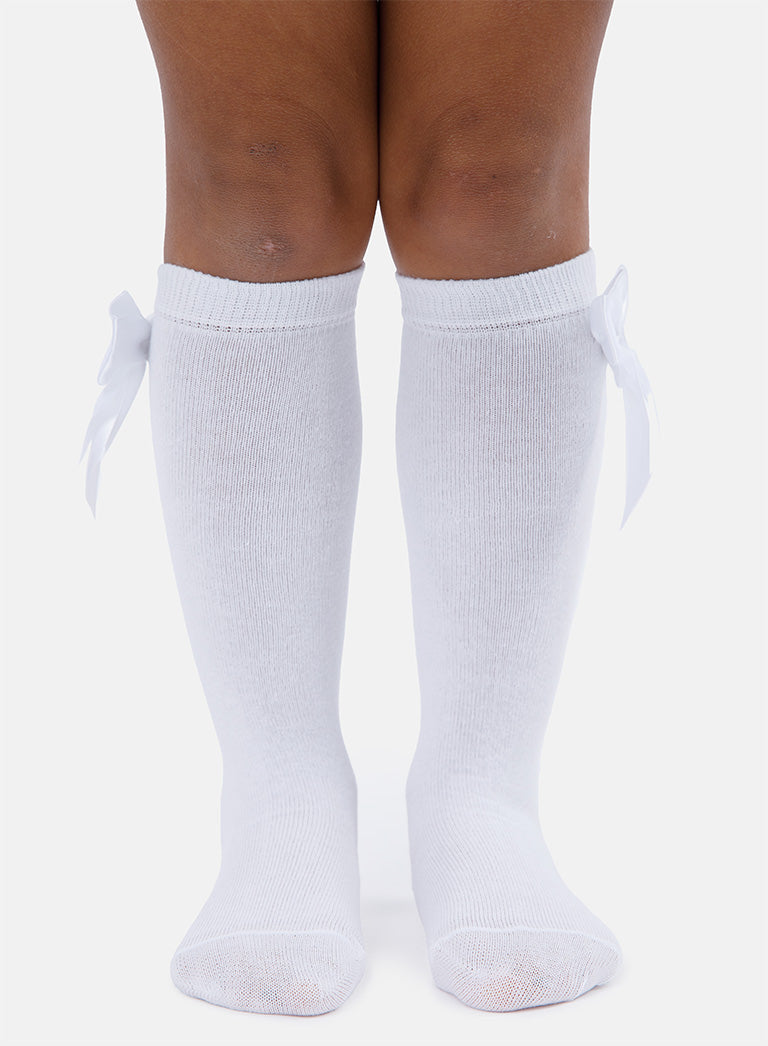 Baby Girl Knee Socks with Satin Double Bow - White & White