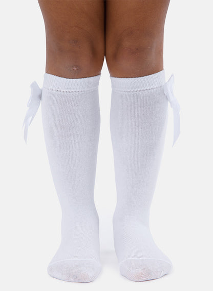 Baby Girl Knee Socks with Satin Double Bow - White & White