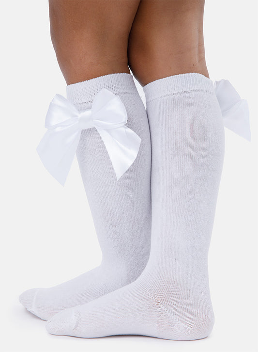 Baby Girl Knee Socks with Satin Double Bow - White & White