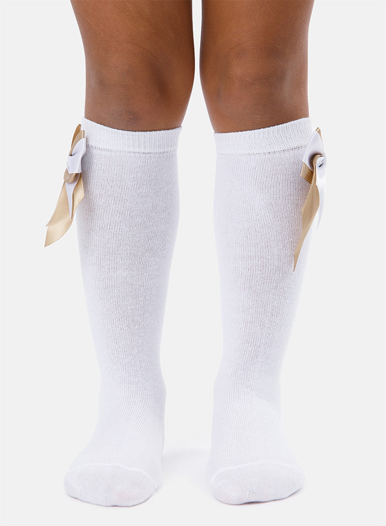 Baby Girl Knee Socks with Satin Double Bow - White & Tan
