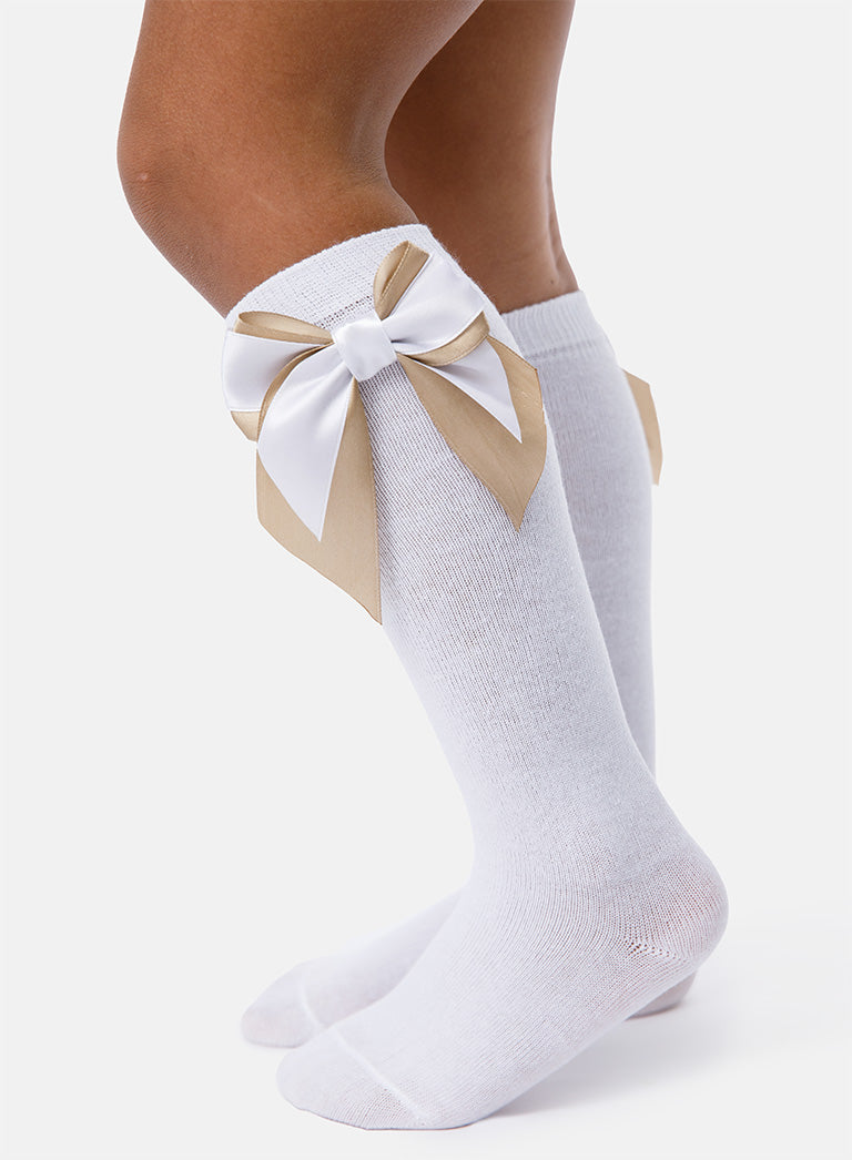Baby Girl Knee Socks with Satin Double Bow - White & Tan