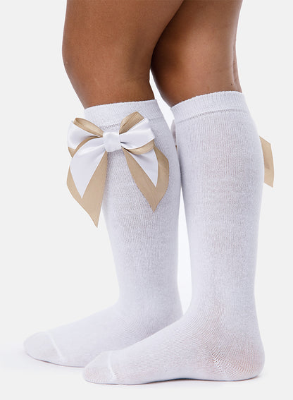Baby Girl Knee Socks with Satin Double Bow - White & Tan