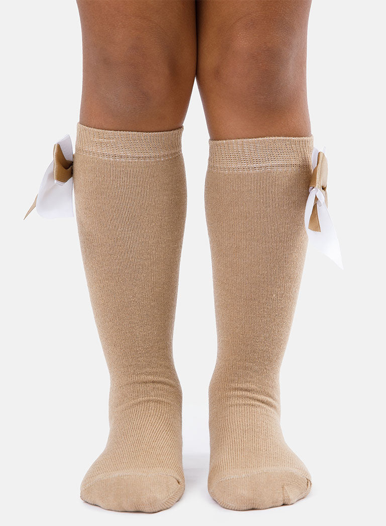 Baby Girl Knee Socks with Satin Double Bow - Tan & White