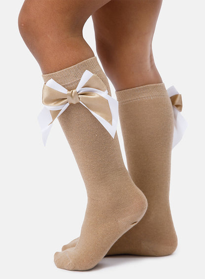 Baby Girl Knee Socks with Satin Double Bow - Tan & White