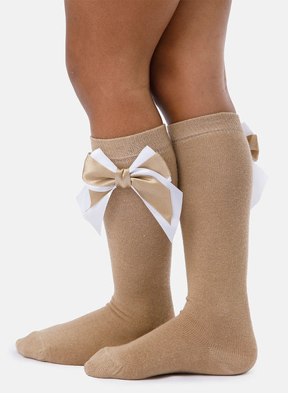 Baby Girl Knee Socks with Satin Double Bow - Tan & White