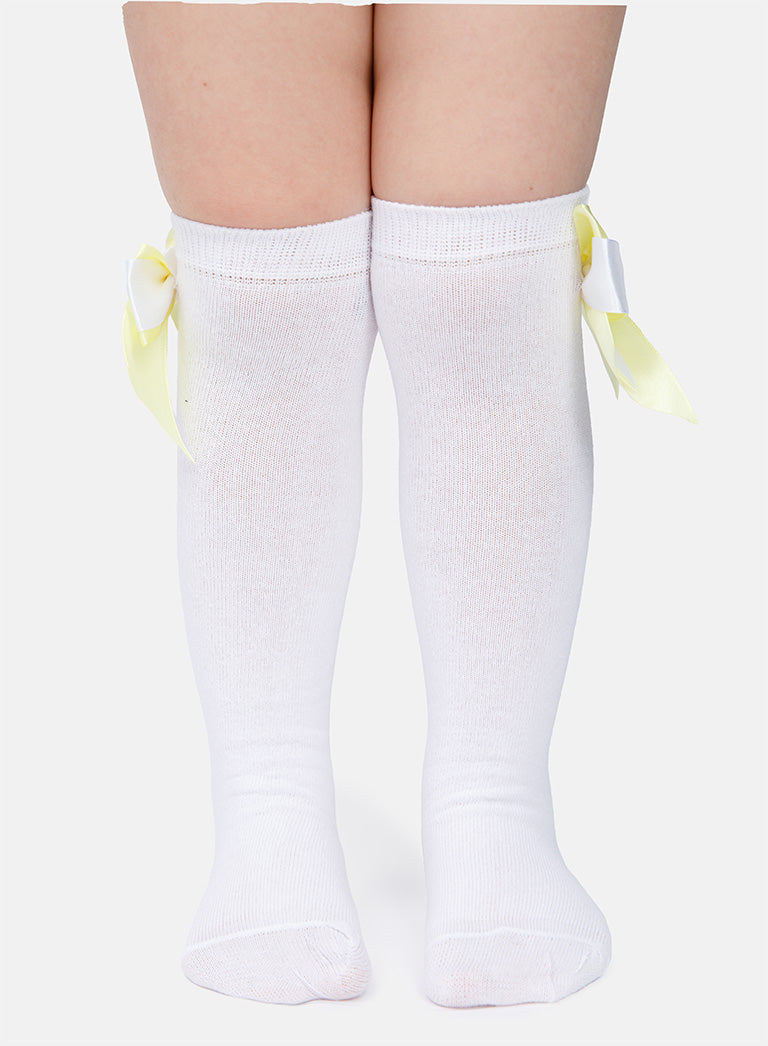 Baby Girl Knee Socks with Satin Double Bow - White & Lemon Yellow