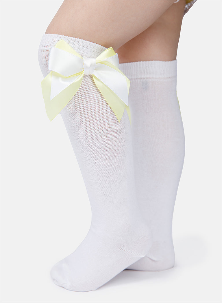 Baby Girl Knee Socks with Satin Double Bow - White & Lemon Yellow