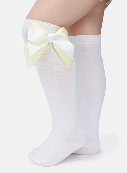 Baby Girl Knee Socks with Satin Double Bow - White & Lemon Yellow