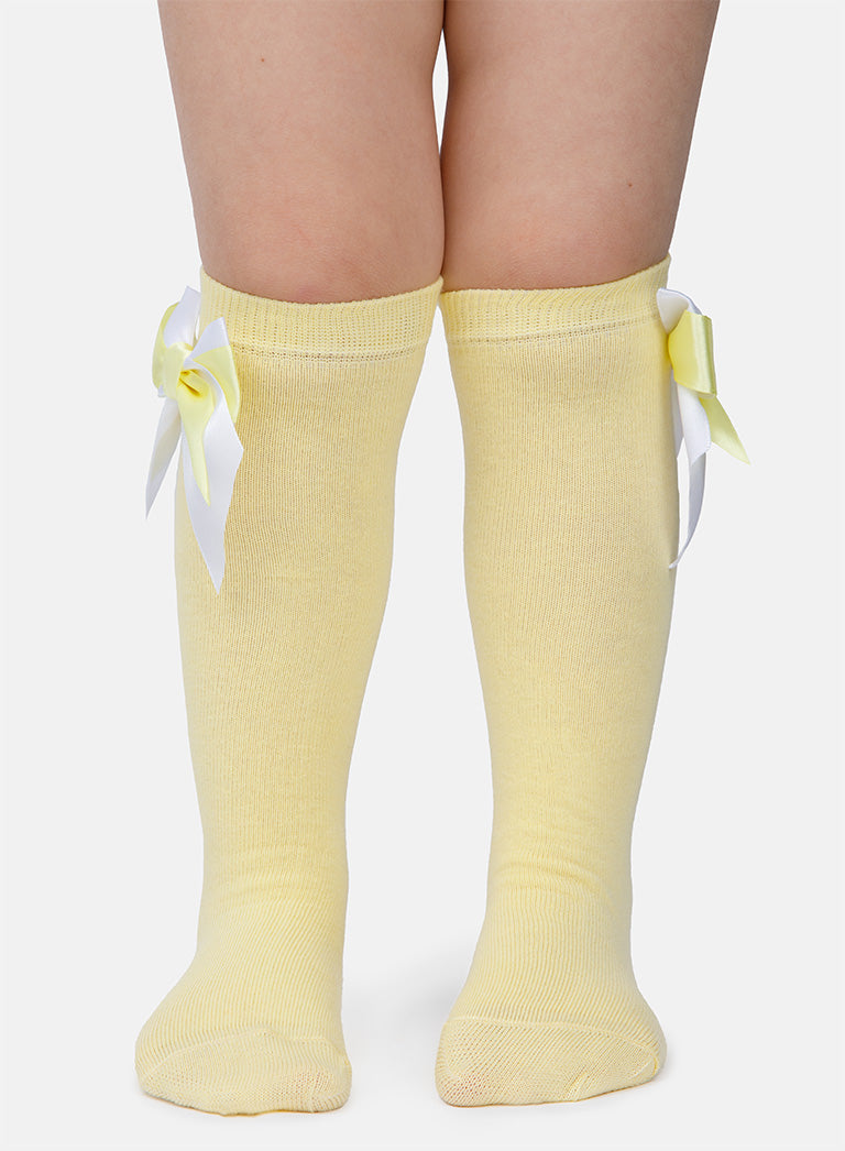 Baby Girl Knee Socks with Satin Double Bow - Lemon Yellow & White